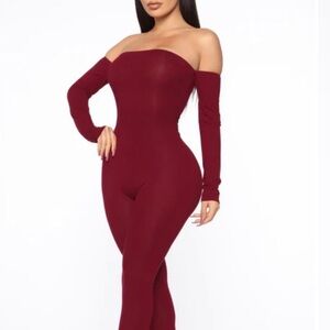 Fashion nova Off-Shoulder Burgundy Jumpsuit XL